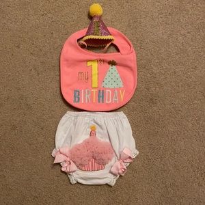 Baby girl First Birthday Bloomers, Bib and Hat